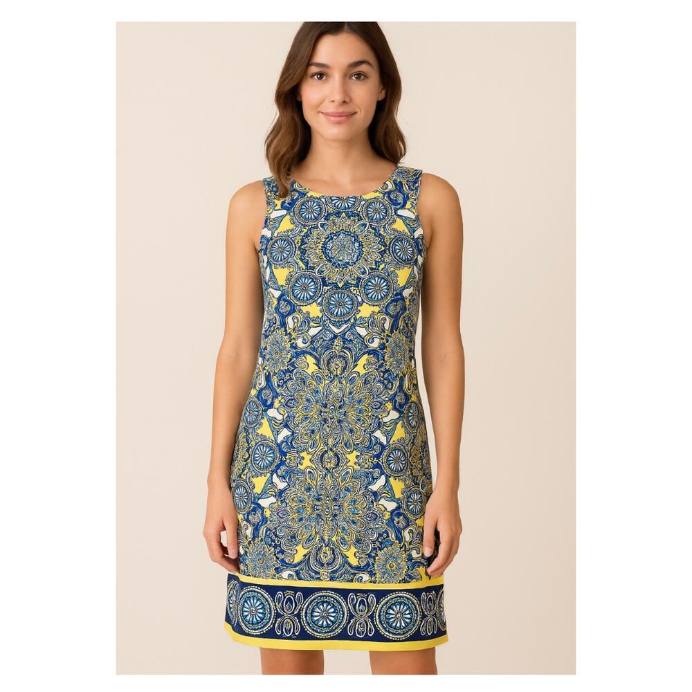 NWOT London Style Yellow Blue Mandala Print Sleeveless Shift Dress Size 8